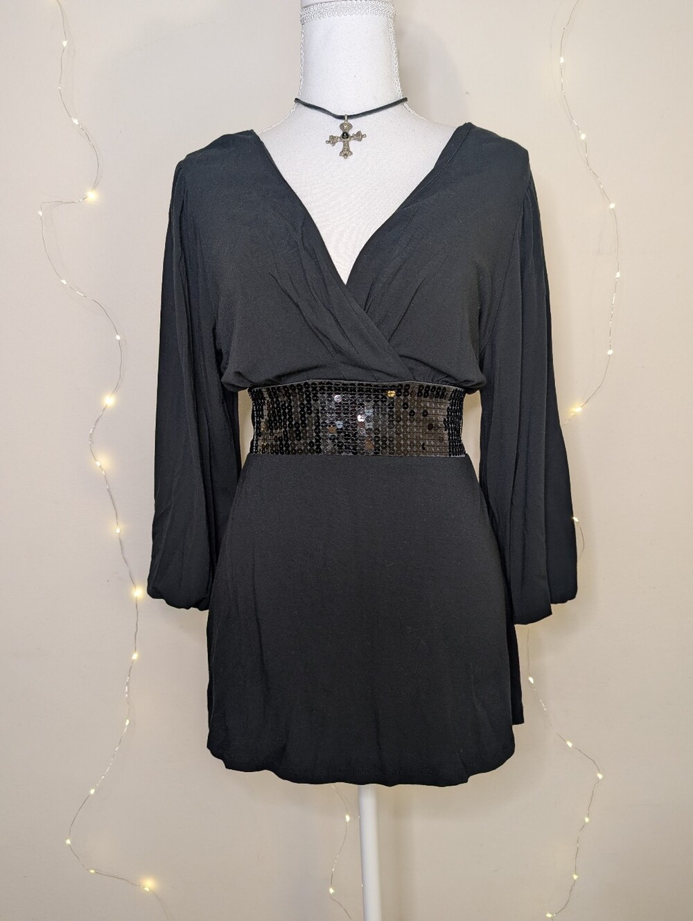 INC International Concepts Black Sequined Top With Tie Waist